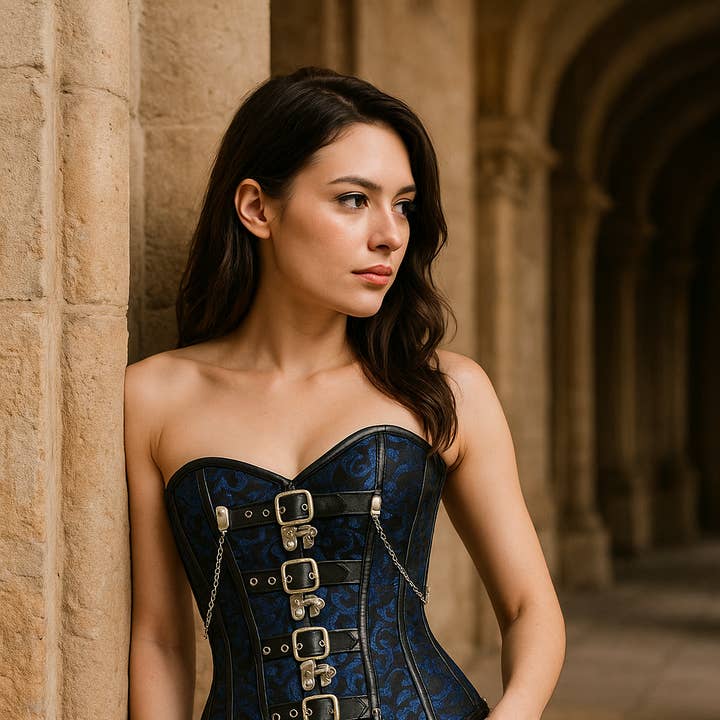 Women Blue Brocade Overbust Corset Top for wholesale by Miss Leather