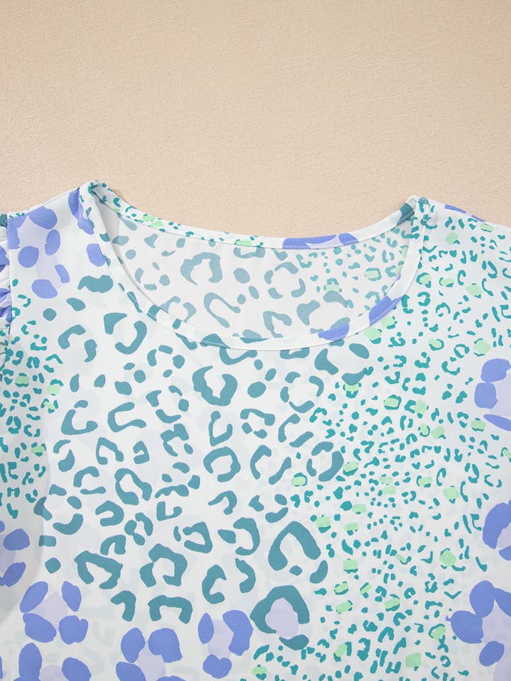 Blue Leopard Layered Ruffle Short Sleeve Casual Blouse for wholesale on Faire