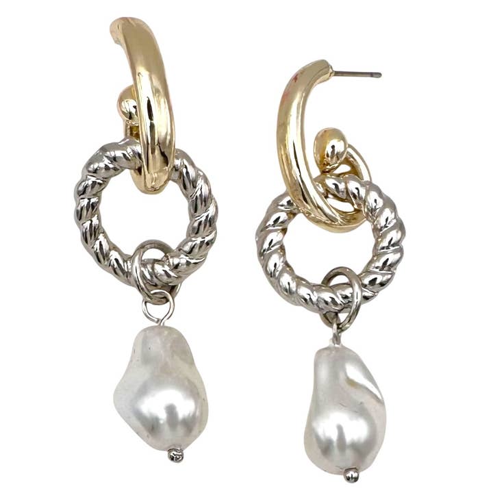 E25338 2T Cable Circle Faux Pearl Dangle Charm Post Earrings for wholesale by Pretty Persuasions
