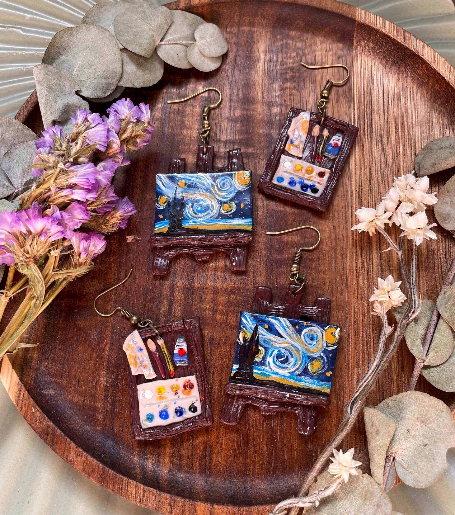 PrettySpookyDesigns - Vente Boucles d'oreilles pendantes - Boucles d'oreilles en pâte polymère - Nuit étoilée | Van Gogh Jewellery4