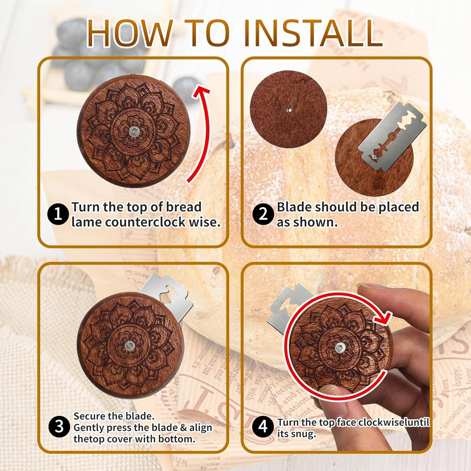 VIGOR - Wholesale Kitchen Tool/Gadget - Wooden Lame Bread Scoring Tool with 5 Razor Blades and Leath4