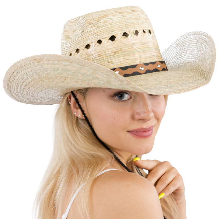 Cap Zone - Wholesale Cowboy Hat - Women's - Vented Chl Taco Brim Palm Straw Cowboy Hat