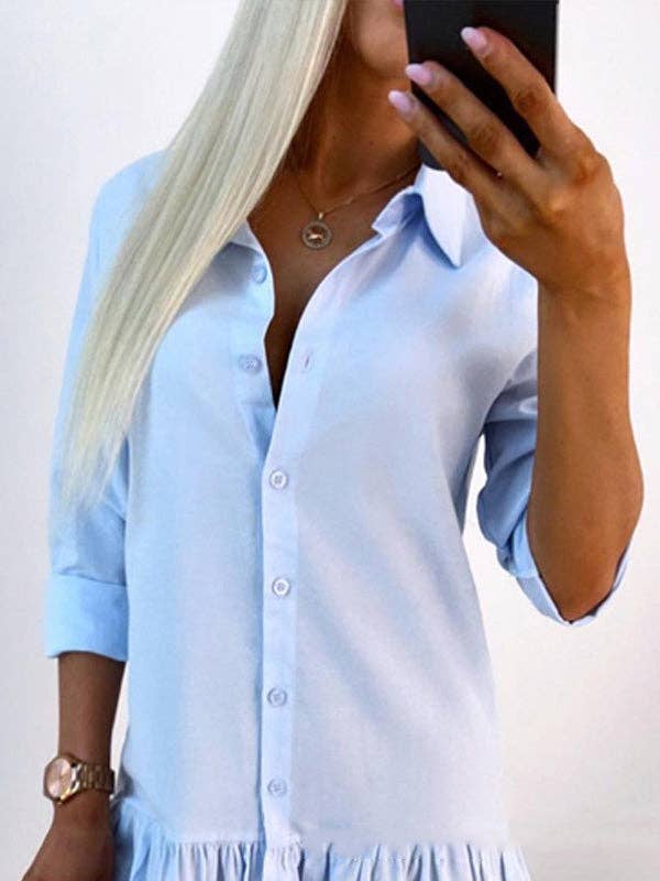 UZ Wholesale Store - Vendita all'ingrosso Vestito - Donna - Mini abiti a camicia con risvolto diviso in tinta unita plissettati a maniche lunghe12