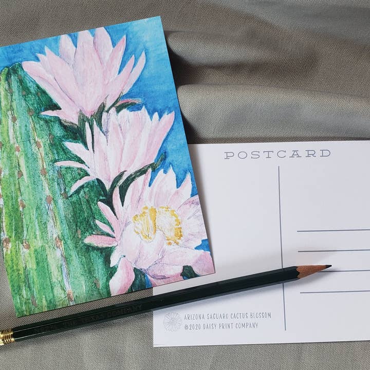 Arizona Saguaro Cactus Blossom - Cartoline floreali di stato per la vendita all'ingrosso da parte di Daisy Print Company