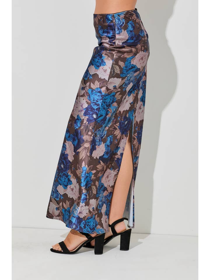 Baevely by Wellmade USA - Wholesale Skirt - Women's - FLORAL SATIN MAXI SKIRT WITH SLIT