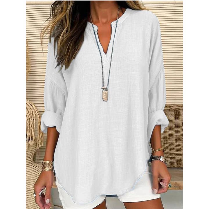 NINEXIS - Wholesale Tunic - Women's - CWTBLL0260_Blouse Linen Long Sleeve Casual V Neck Top