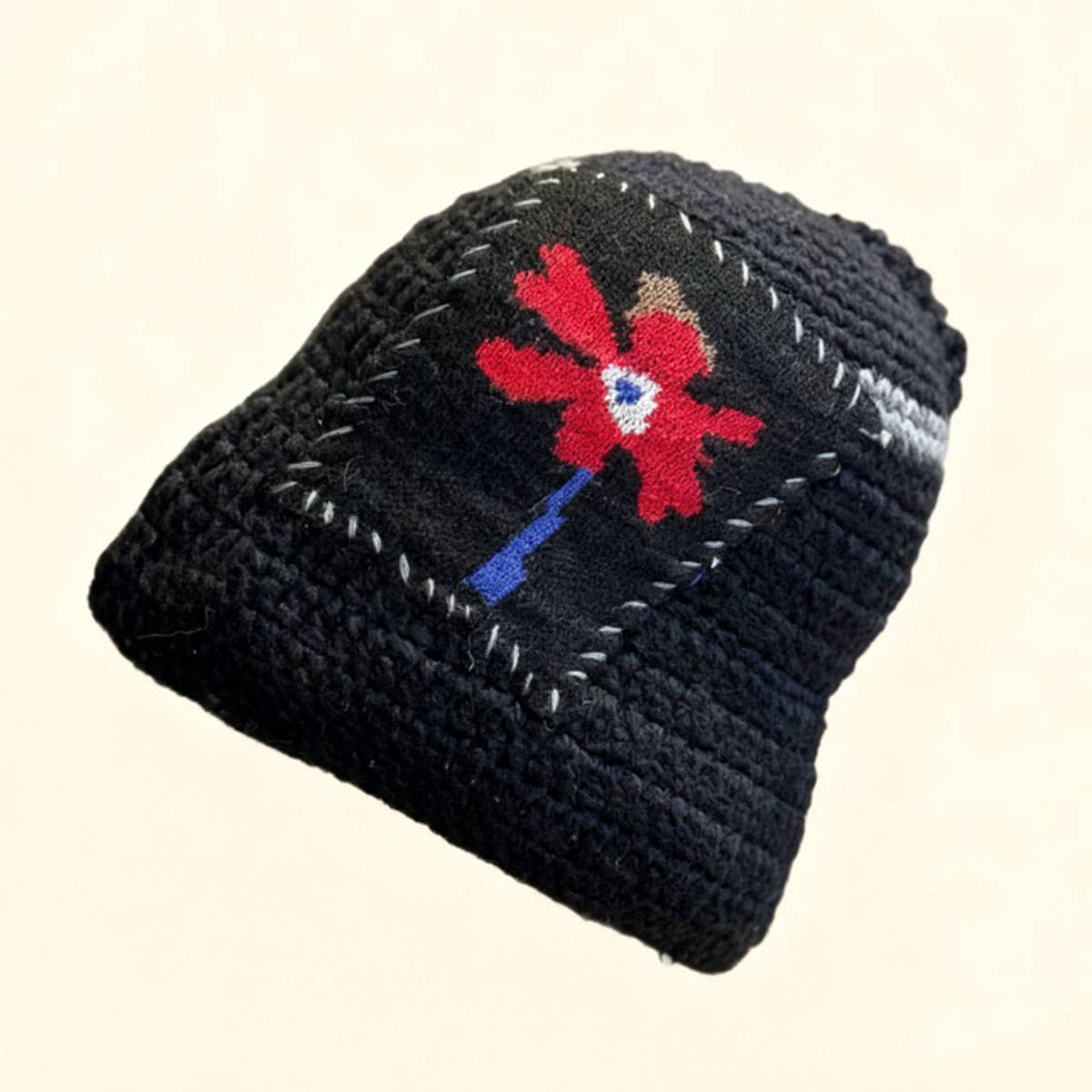 DOUBLJU - Wholesale Beanie - Women's - HAND-CROCHETED FLOWER COLOR-BLOCK HAT_CWAH048875