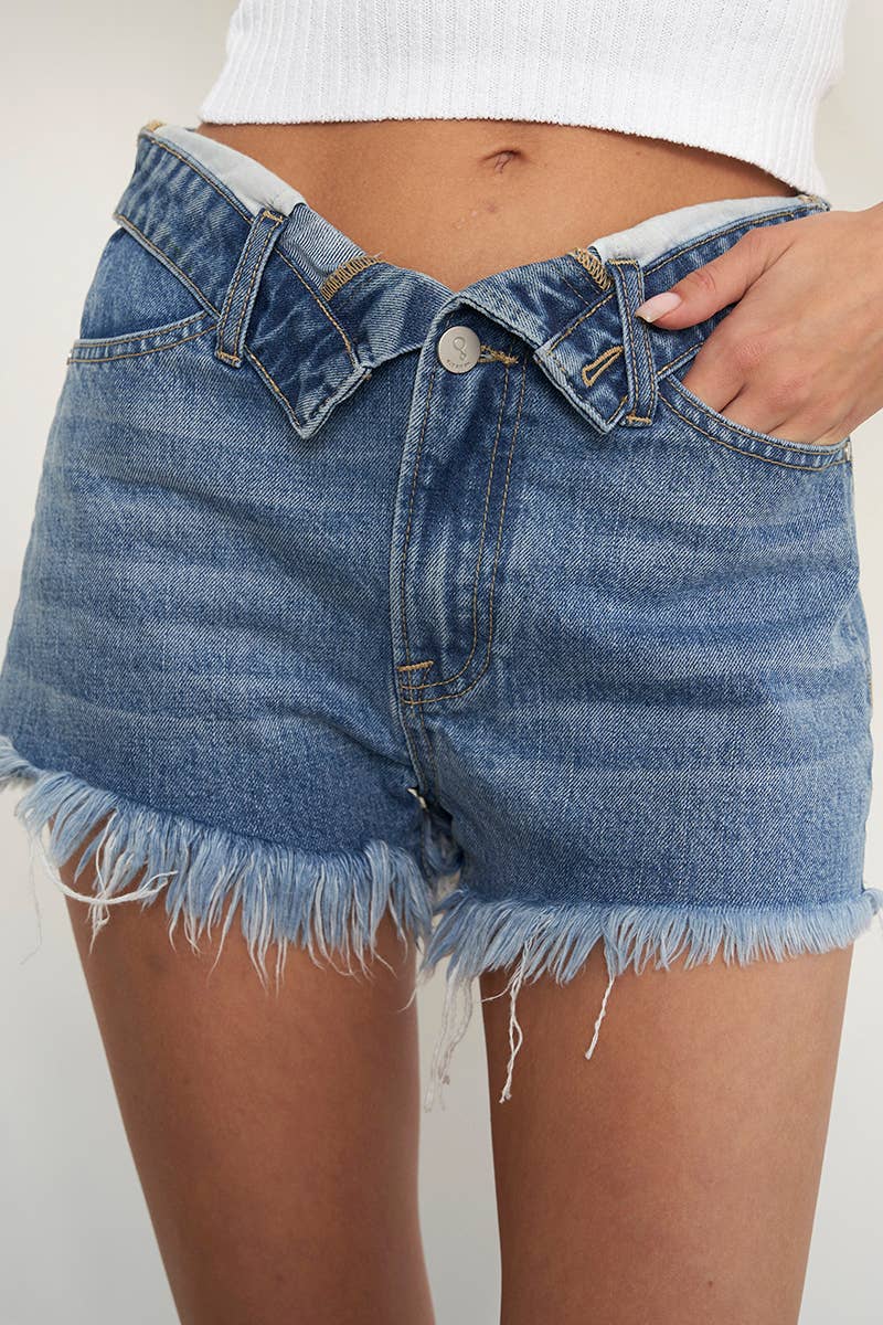 Insane Gene USA - Wholesale Shorts - Women's - High Rise Flip Waistband Frayed Hem Denim Shorts4