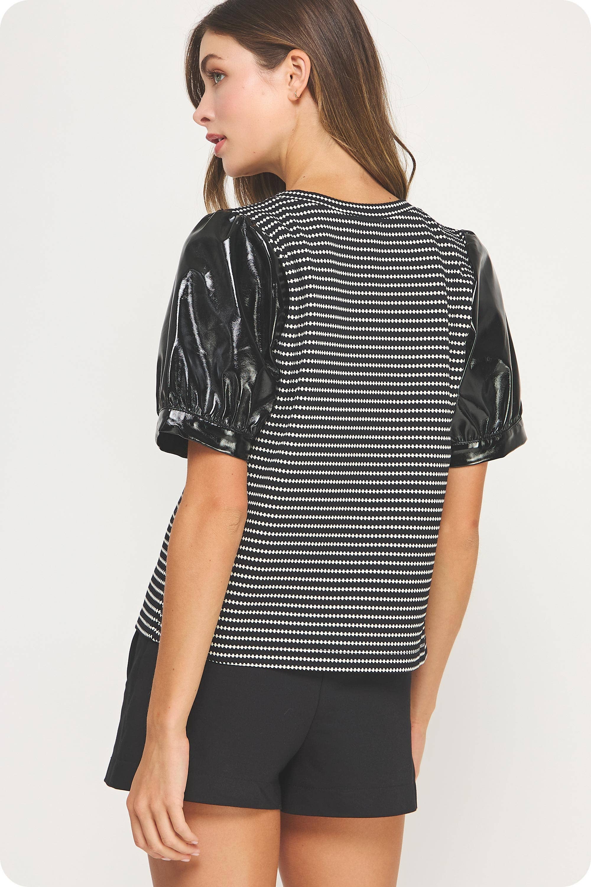 Strut & Bolt - Wholesale Blouse - Women's - Faux Leather Sleeve Texture Knit Tee Top16