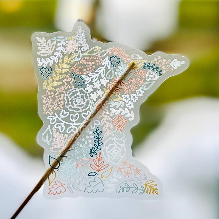 Clear Minnesota Floral Sticker. Weatherproof State Sticker. Vinyl Matte Sticker. for wholesale by Nolie Co