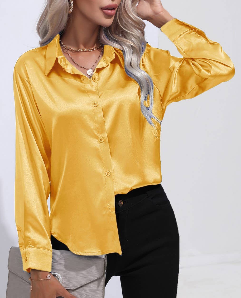 HIDDENBRAND - Wholesale Button Down Shirt - Women's - Satin Faux Silk Long-Sleeved Shirt45