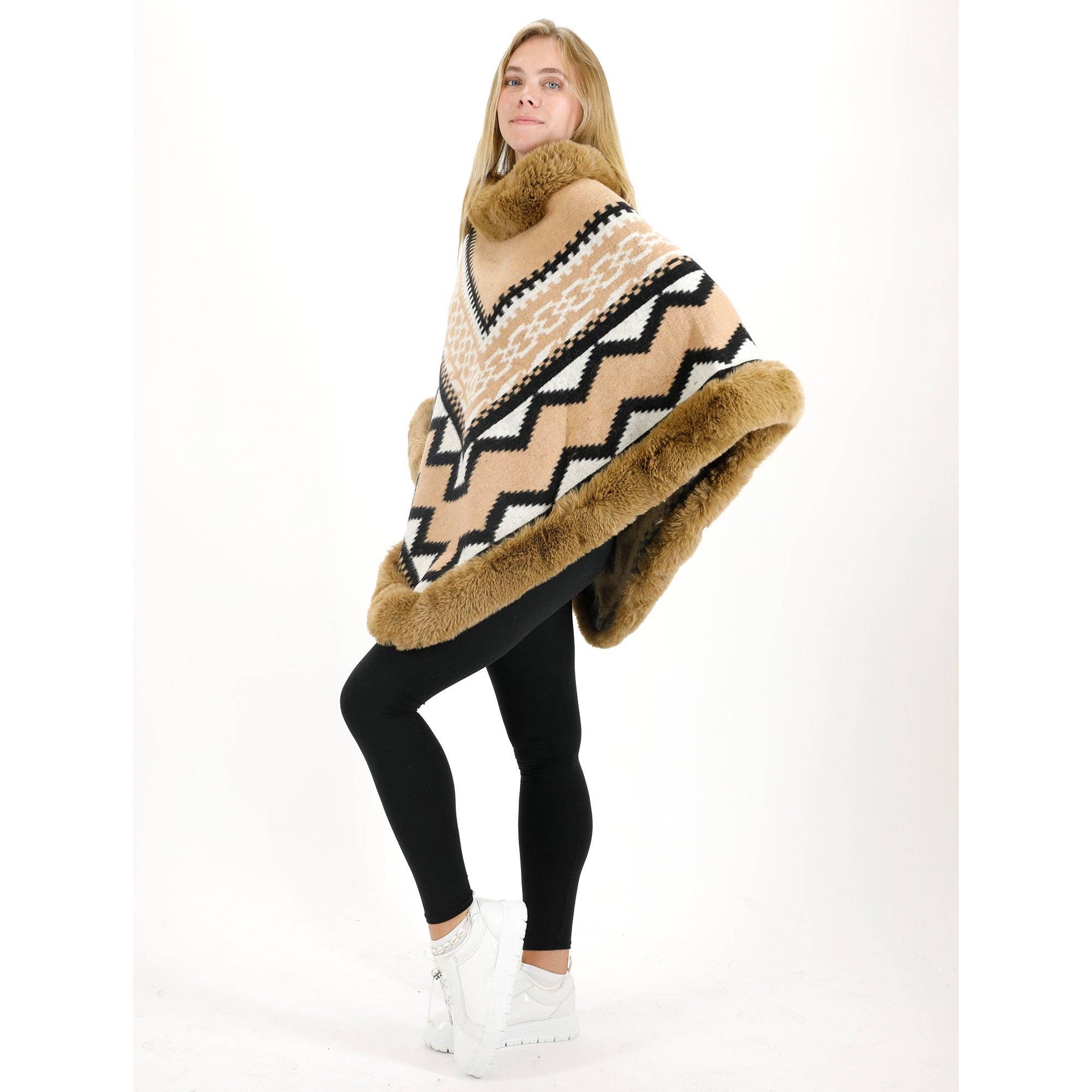 ASSORTED Zig Zag Pattern Faux Fur Poncho P4030 (12PC) for wholesale on Faire7