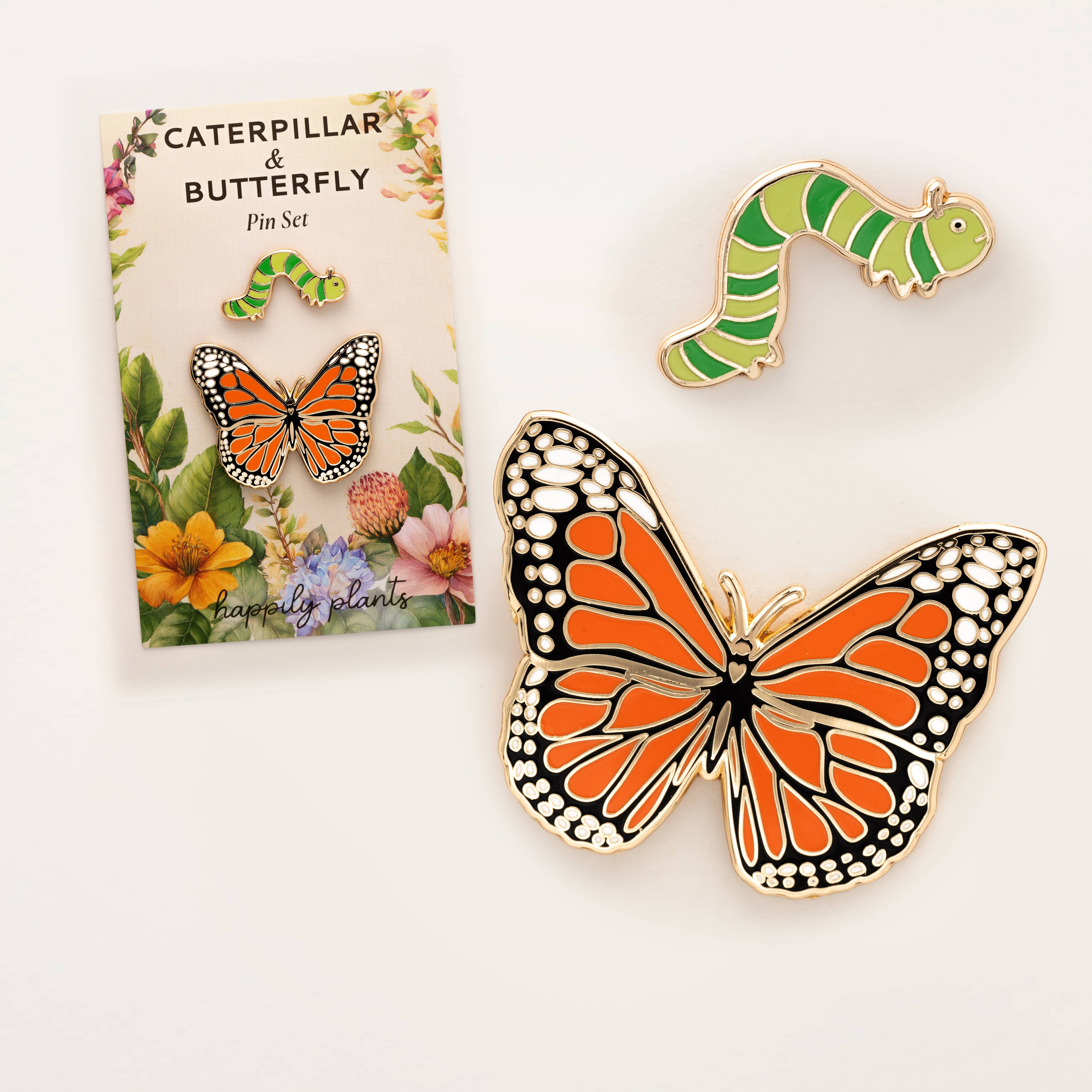 Happily Plants - Wholesale Lapel Pin/Button - Monarch Butterfly & Caterpillar Pin Gift Set, Transformation1