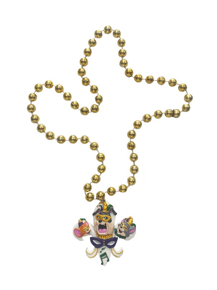 Mardi Gras Cartoon Cat & Mouse Fleur de Lis on Gold Bead for wholesale by Mardi Gras Creations