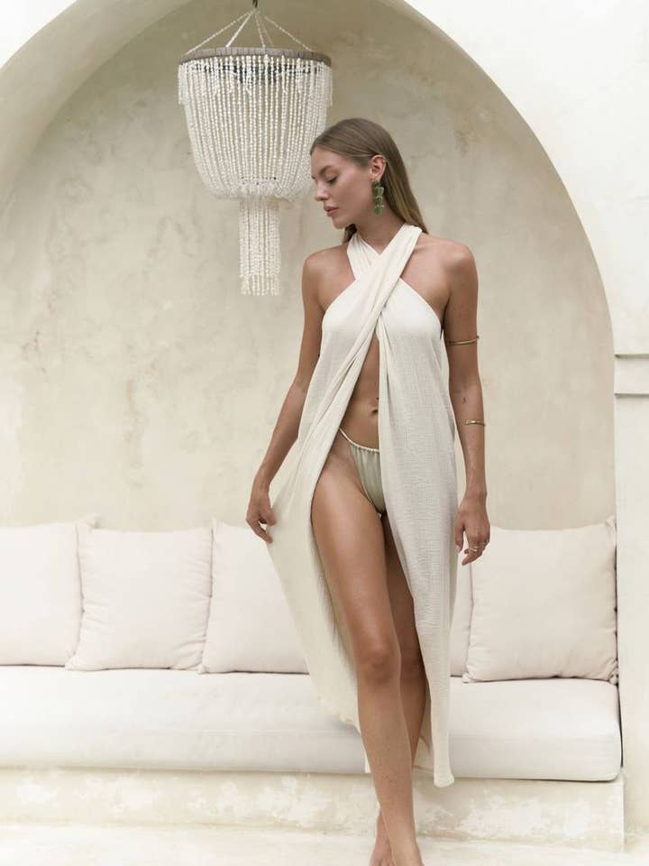 Design company-Fatma Balkir - Wholesale Top & Pant Set (NOT Loungewear) - Women's - Beige Linen Long Tunic with Halter Neck and Pants Suit