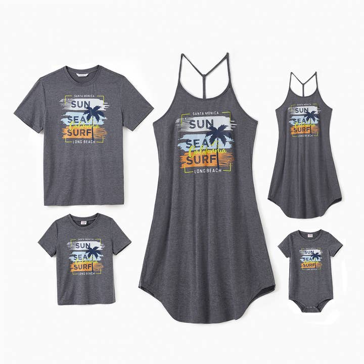 DeepGrey Family Text Coconut Tree Graphic Tee,Y-Back Sleeveless Dress for wholesale on Faire