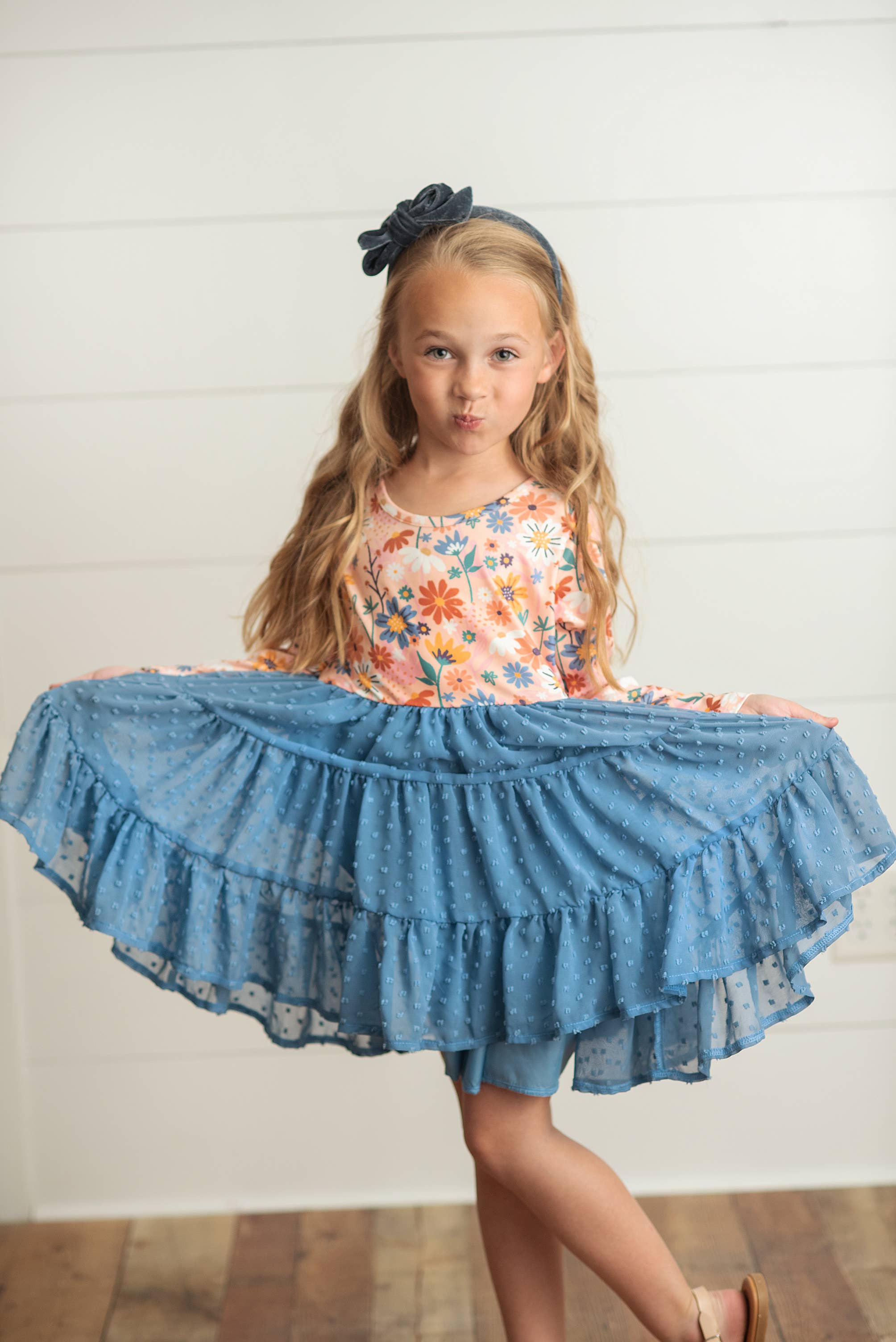 Adorable Sweetness - Wholesale Dress - Kids - Kids Dusty Blue Flower Print Swiss Dot Tulle Fall Dress 2