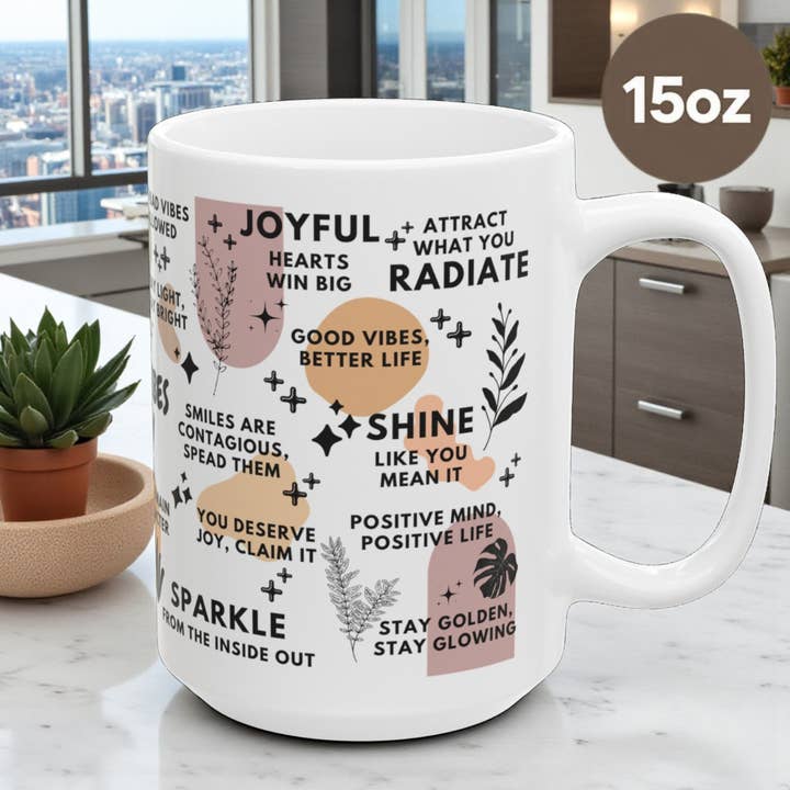 EMESLY - Wholesale Coffee Mug - Good Vibes Only Motivational Ceramic Coffee Mug; 11oz/15oz5