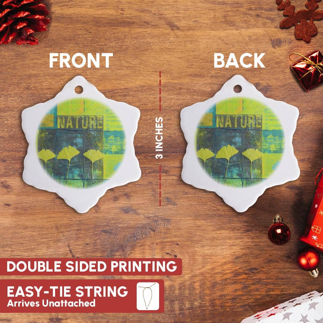 3dRose - Wholesale Ornament - 3dRose, Collage Illustratie Met Ginkgo Bladeren En Textelementen In Groen, Ornament2