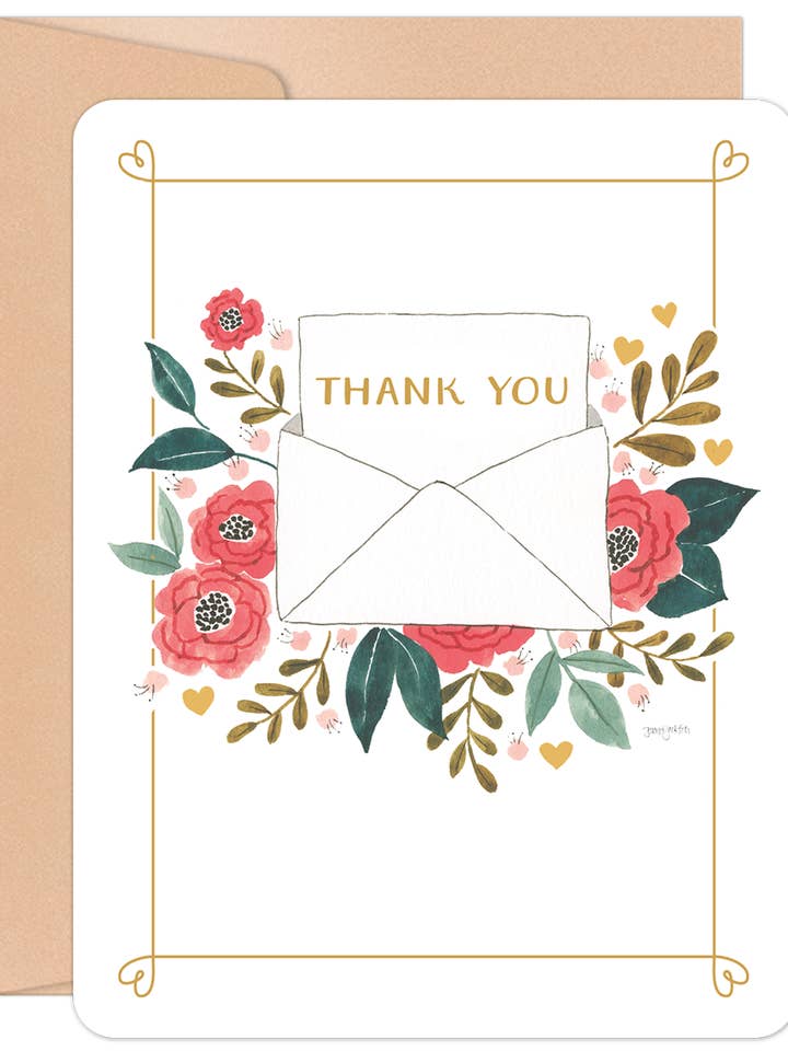 Thank You Florals Behind Open Envelope Thank You Card for wholesale by Willow & Ivy Press