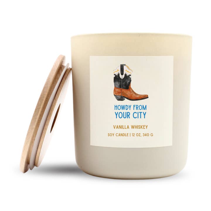 Howdy Y'all Luxe Soy Candle, Optional Name Drop for wholesale by ROAM Homegrown