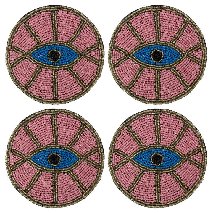 Pink Evil Eye Beaded Coasters, Set of 4 for wholesale by Global Crafts