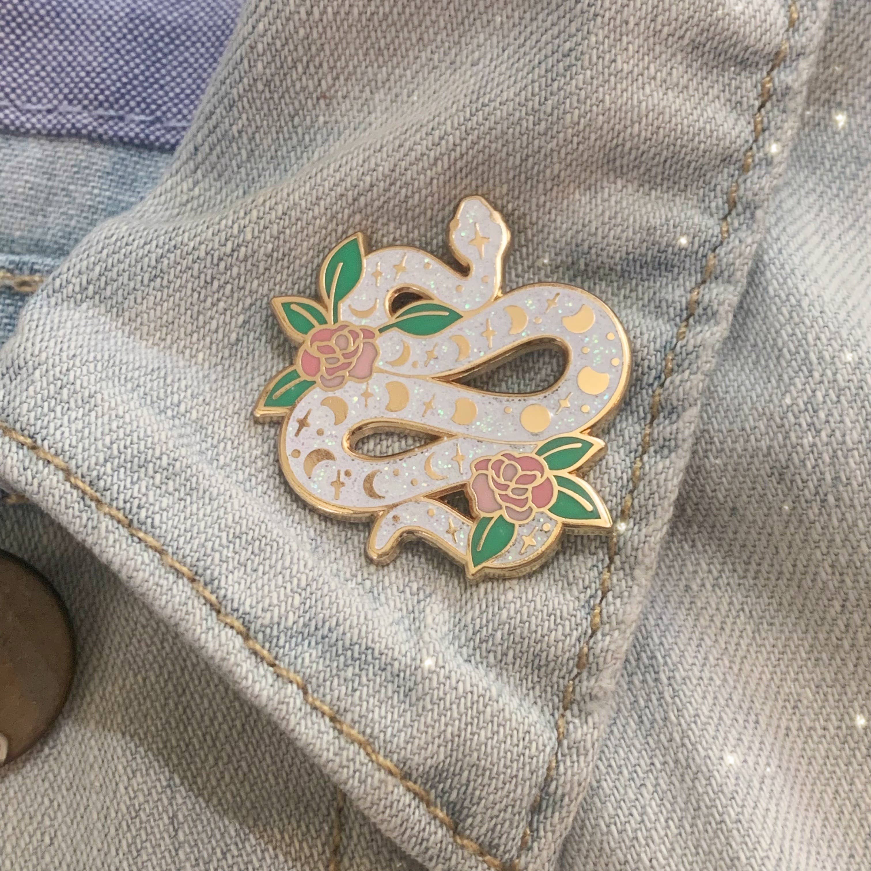 Wildflower + Co. - Wholesale Lapel Pin/Button - Serpent Enamel Pin, White Glitter1