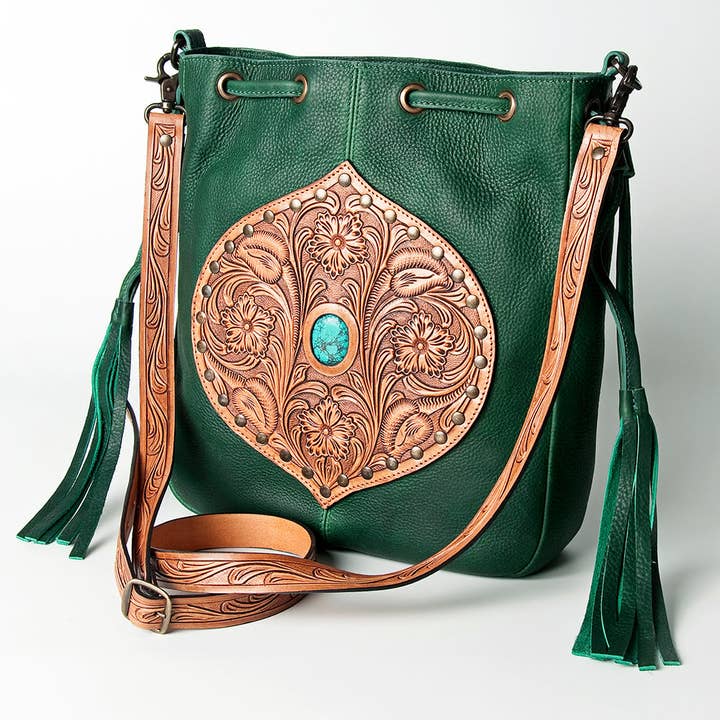 LC-ADBGZ477 Emerald Green Leather Bucket Bag with Hand-Tooled Floral Patch & Turquoise Accent for wholesale by LS Western