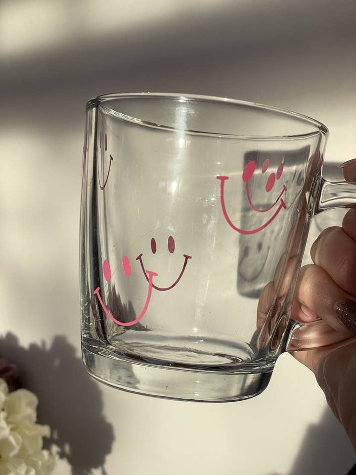 Pink Smiley Mug for wholesale by One Too Many Tees