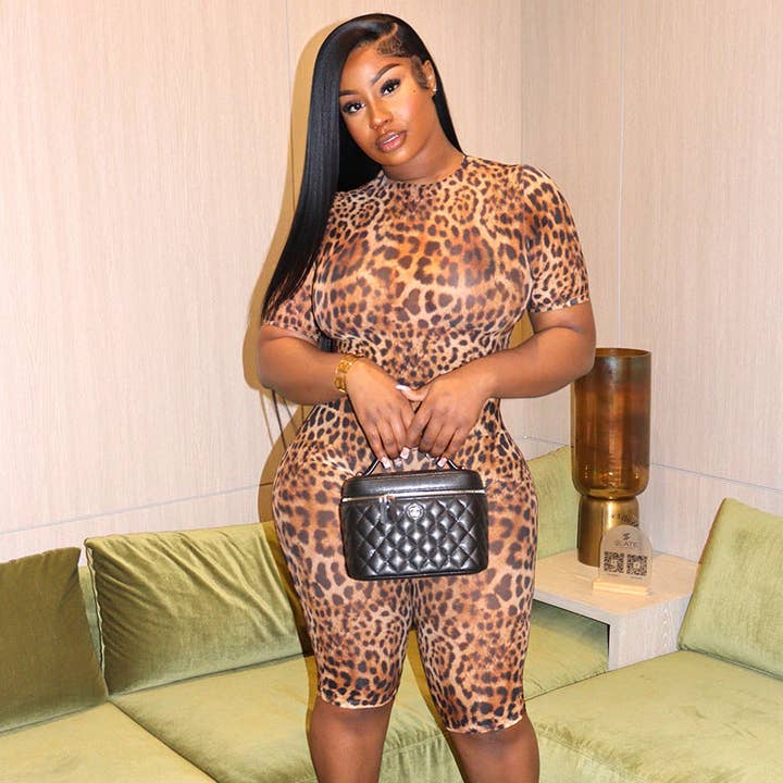 Léopard Combinaisons courtes à manches courtes imprimé léopard sexy pour femmes en vente sur Faire2