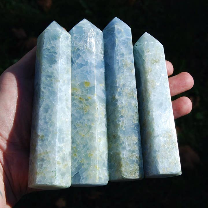 ONE Large Blue Calcite Green Diopside Crystal Tower for wholesale by Caspar Curiosities