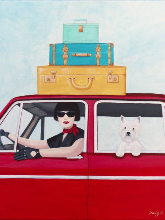 Westie print avec femme conduisant avec bagages en vacances pour pour la vente par Sally B