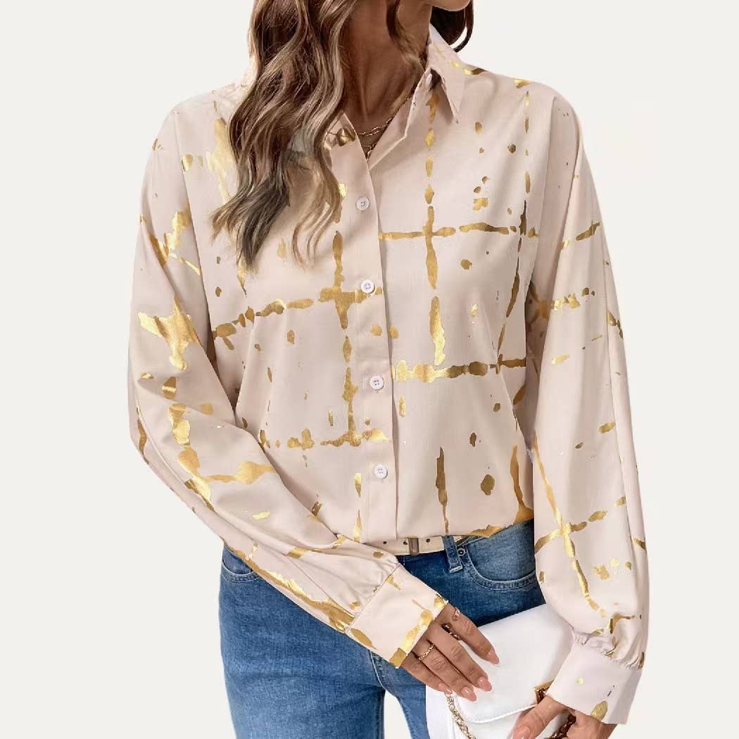 Light Khaki Metallic Gold Pattern Collared Butto-Up  Shirt for wholesale on Faire1