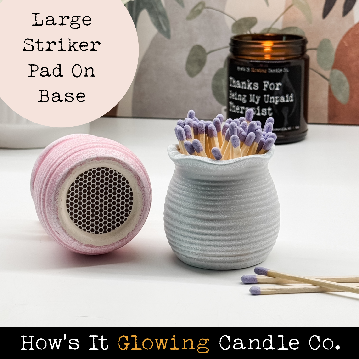 How's It Glowing Candle Co. - Wholesale Match Holder - Ceramic Match Holders With Striker On Bottom & 3" Matches2