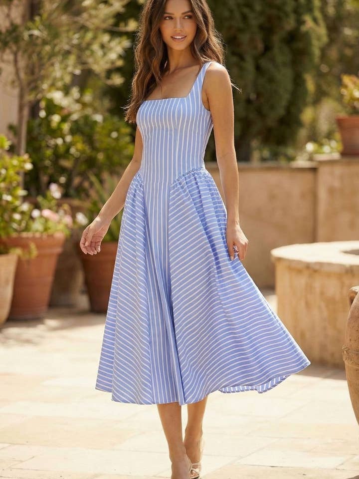 ID9896 STRIPED SLEEVELESS SIDE GATHERED FLARED MIDI DRESS for wholesale by Klesis