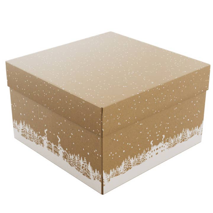 Winter snowy square kraft cardboard box 32.5x32.5x20cm for wholesale by Deffrennes