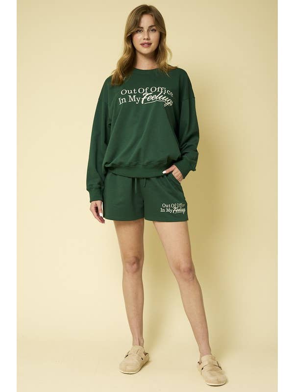 Green "OUT OF OFFICE" EMBROIDERY SWEAT SHORT for wholesale on Faire