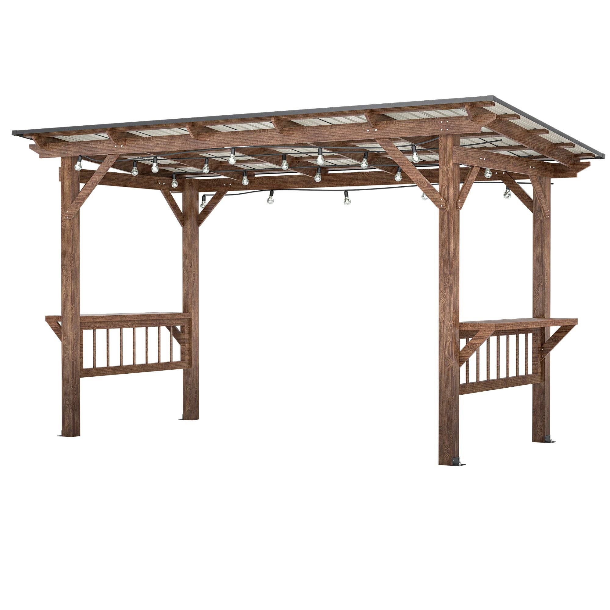 39F Inc. - Wholesale Outdoor Ornament/Decor - 13'x6.5' Wooden Pergola Grill Gazebo w/Metal Roof & Bulbs1