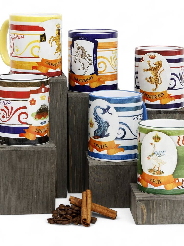 PALIO DI SIENA: Caneca impressa em porcelana Conjunto de 6 pacotes: ISTRICE+MONTONE+LEOCORNO+PANTERA+ONDA+OCA por atacado de SublimArt