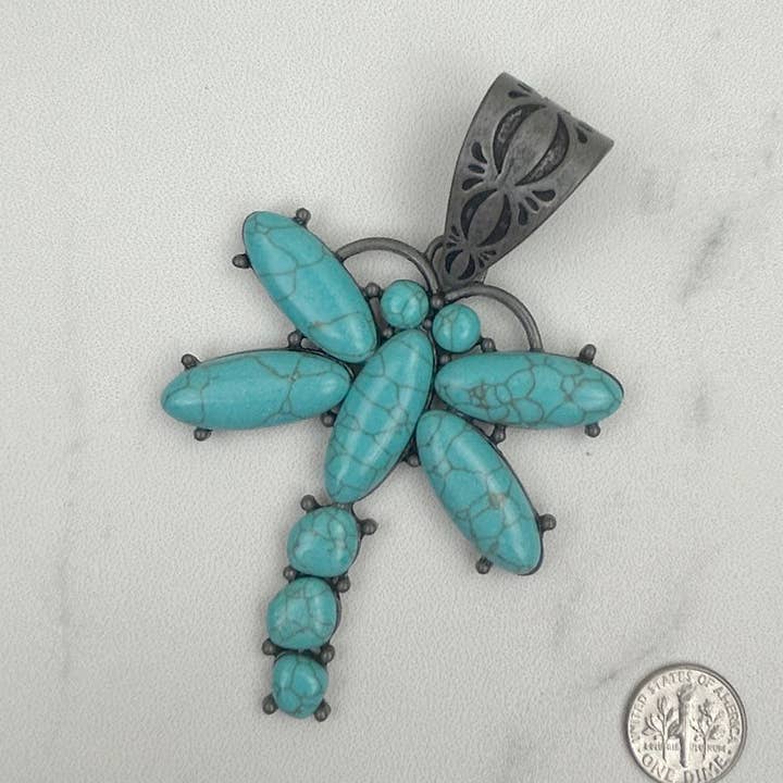 PDS230813-01 Silver with blue turquoise stone dragonfly pendant for wholesale by Western Elite Jewelry