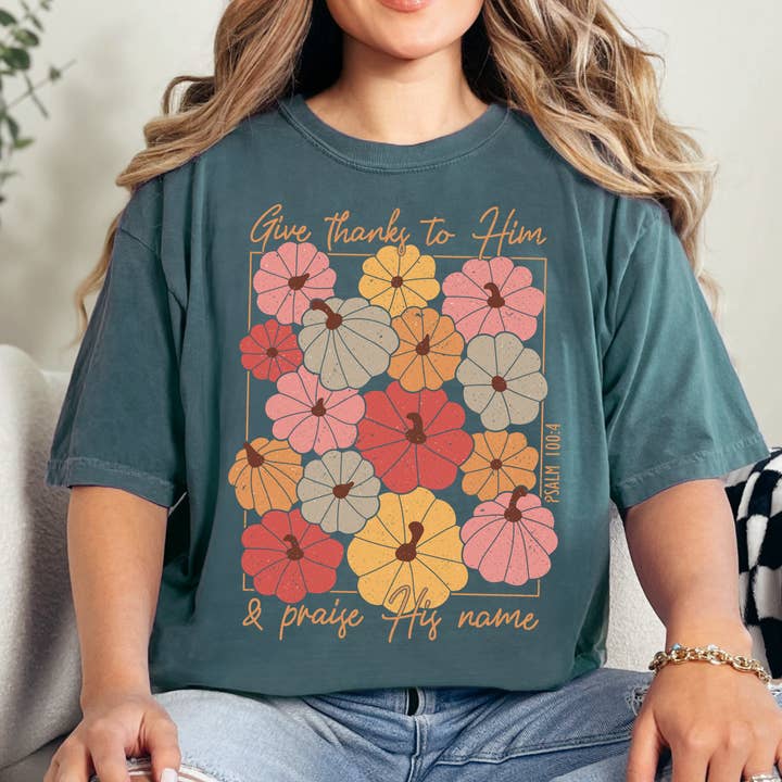 Give Thanks to Him Pumpkin Tee, Comfort Colors Fall T Shirt for wholesale by Scripted Pearl