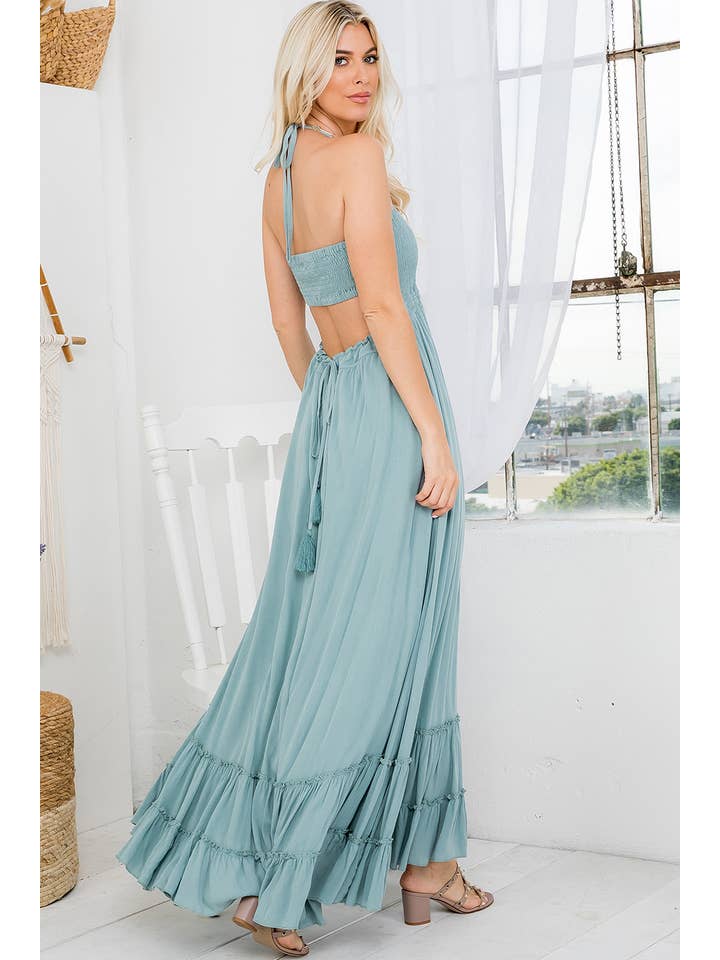 Sweet Lovely by Jen – Großhandel Kleid – Damen – MAXIKLEID MIT RÜCKENAUSSCHNITT UND GESMOKTEM STUFENROCK3