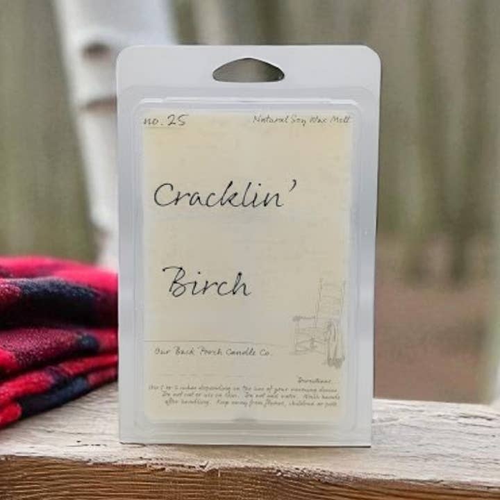 Cracklin’ Birch Wax Melt for wholesale by Our Back Porch Candle Co