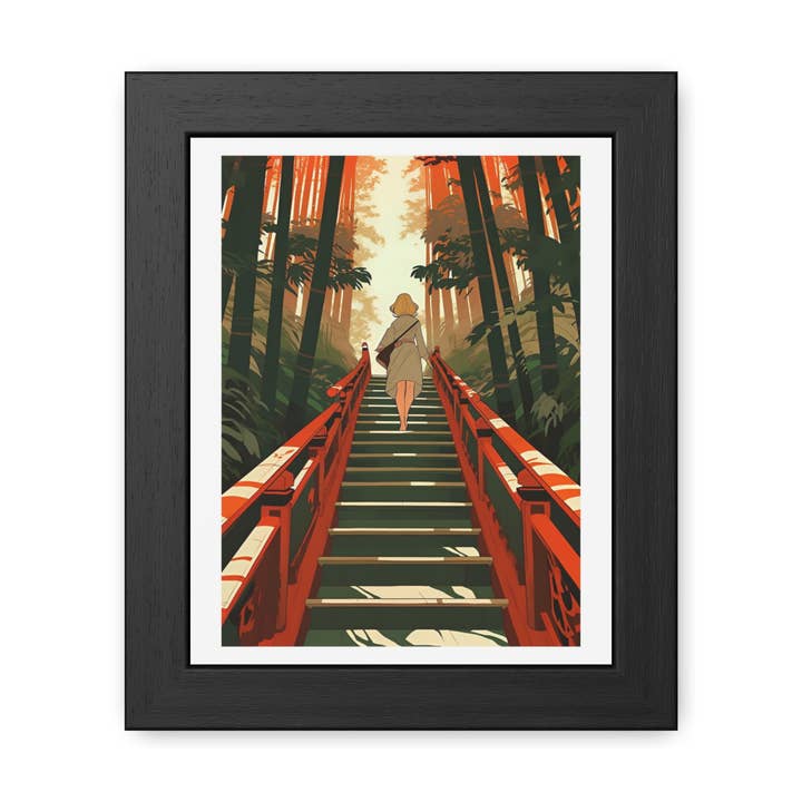 Dans la Forêt - Affiche Encadrée de la Nature Tranquille - Escaliers Sereins à travers la Forêt de Bambous pour la vente par Donkey Laserbeam