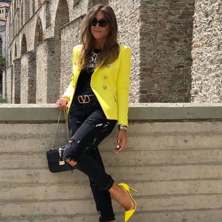 Odette Yellow Textured Luxury Fitted Double Breasted Blazer for wholesale by ALLARA