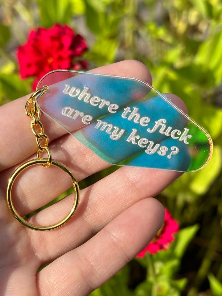 Where The Fuck Are My Keys Iridescent Motel Keychain for wholesale by ShlemonArt