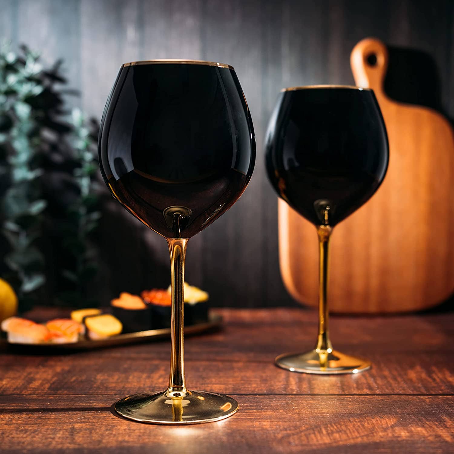 The Wine Savant /  Khen Glassware - Wholesale Wine Glass - Set of 4 Black Wine Glasses Gold Stemmed 14 oz5