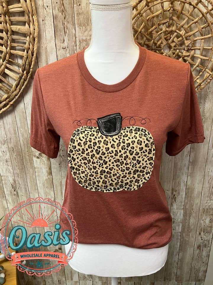Pumpkin with Leopard/Glitter Applique for wholesale by Oasis Wholesale Apparel