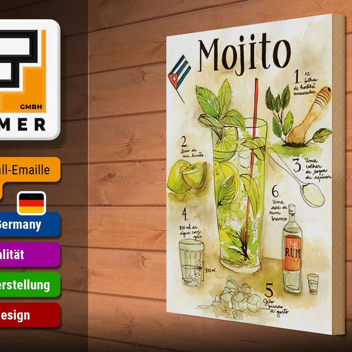Femer - Venta al por mayor Letreros - Cartel de madera con receta, 30x40 cm, ron mojito, Suco de Limão Agua