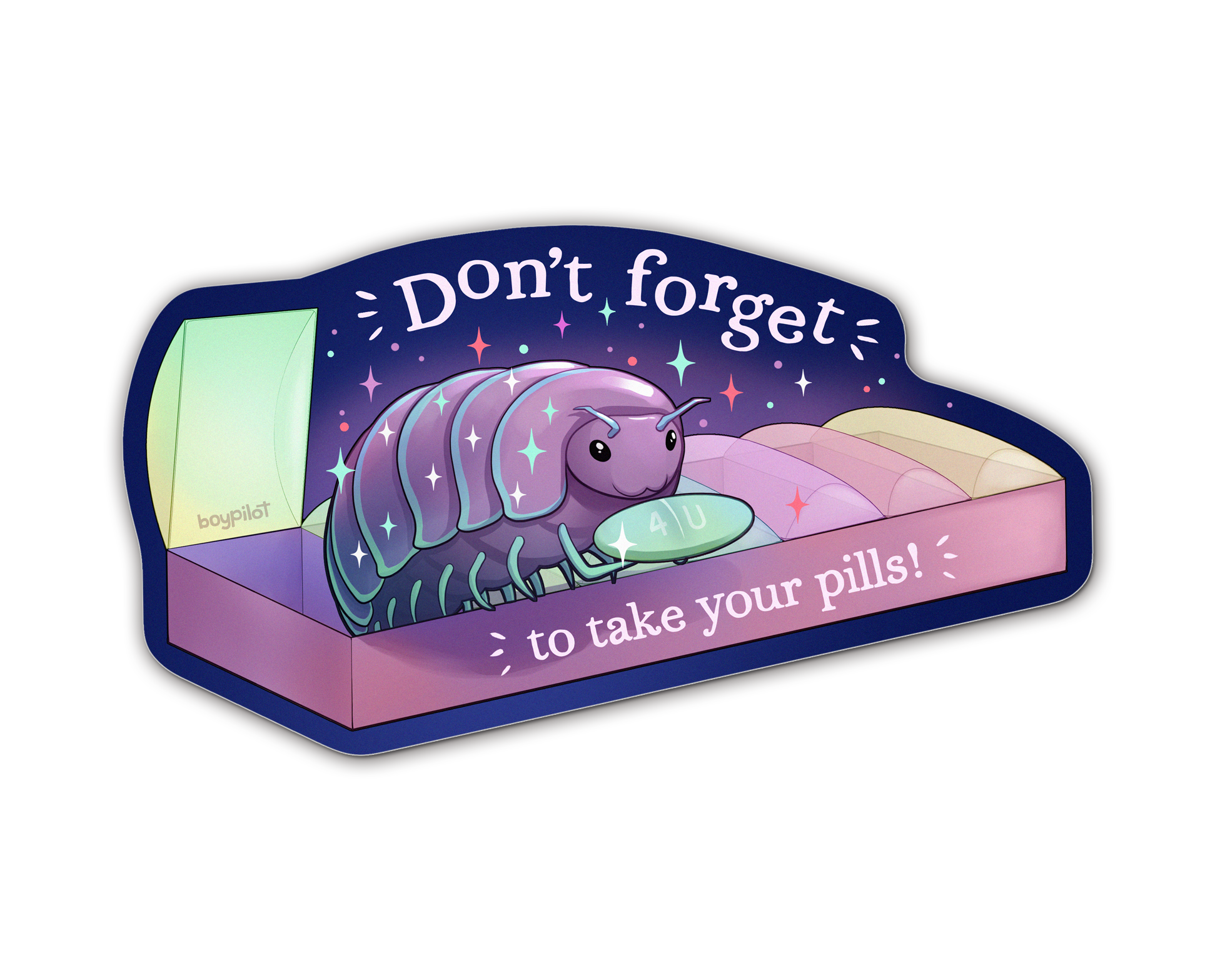BoyPilot Goods - Wholesale Sticker - Pillbug Medication Reminder Sticker - 3" vinyl sticker0